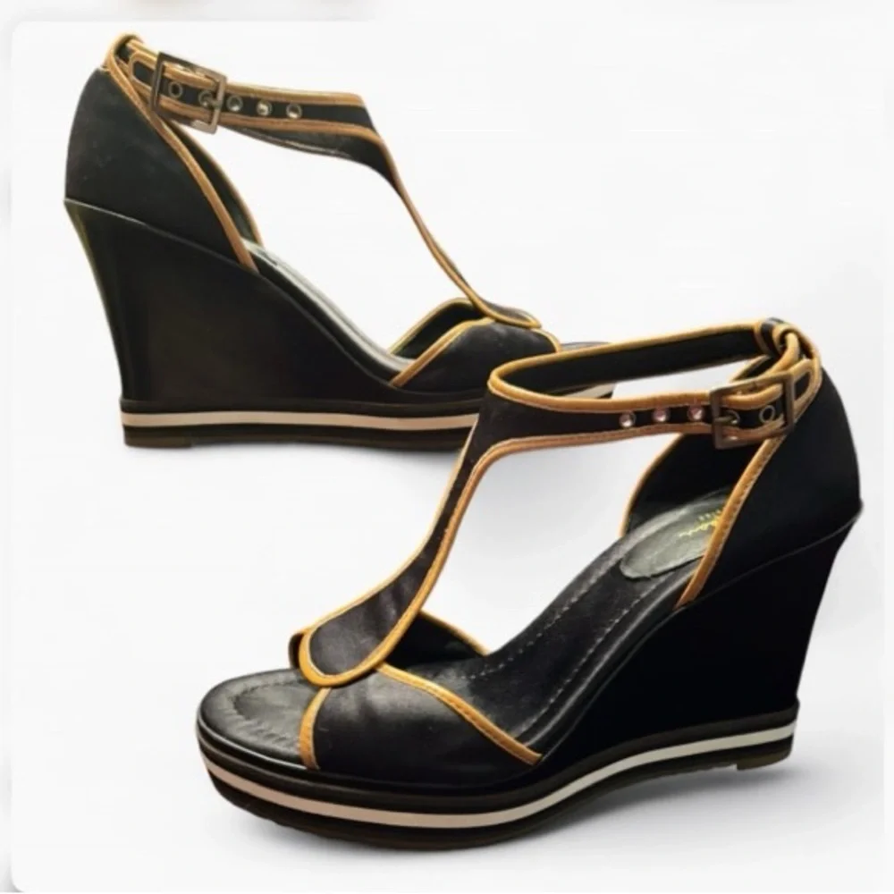 VINTAGE COLE HAAN AIR RICKI NIKE Wedge Sandals Women’s SZ 8 Black & Tan T-Strap
